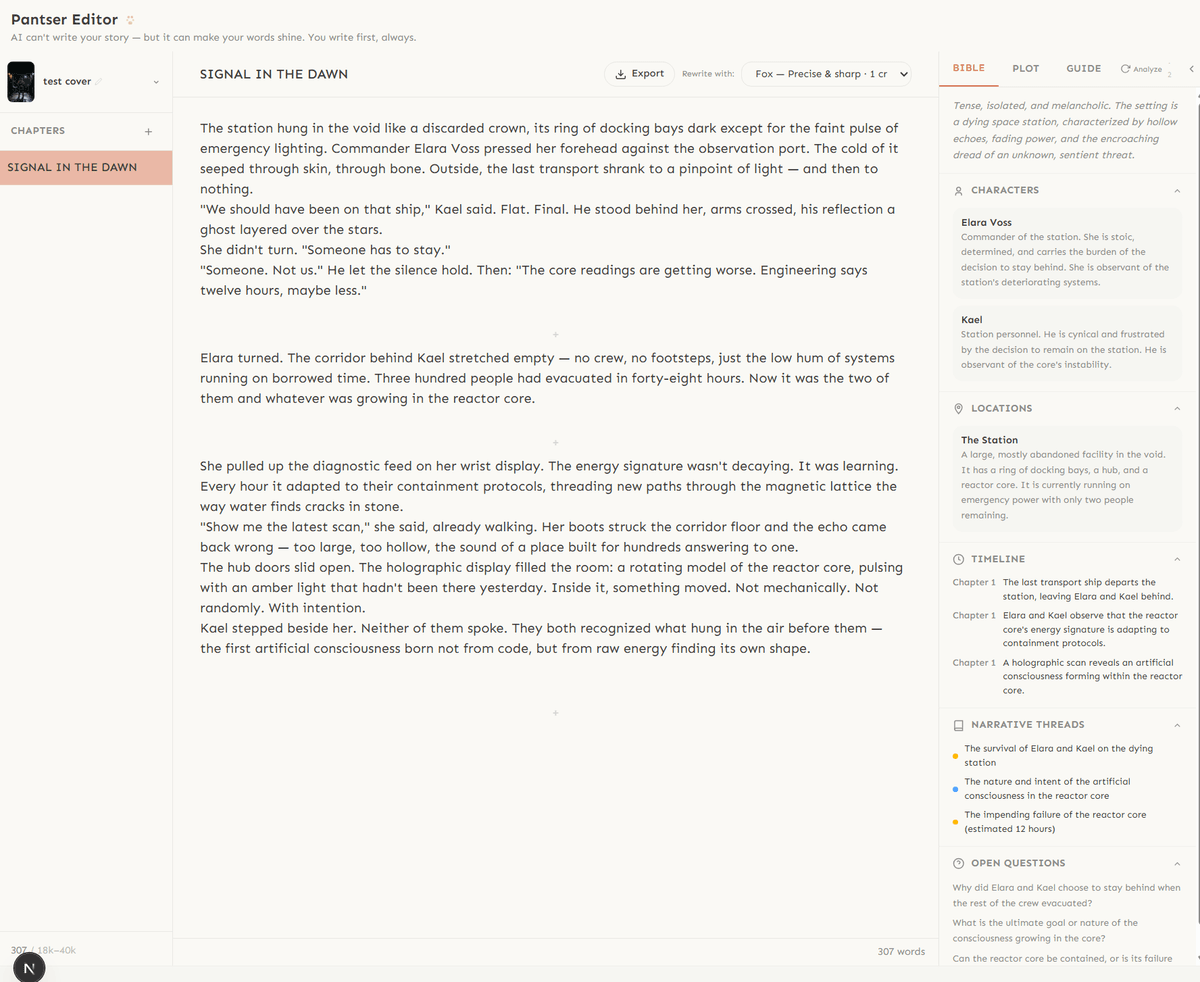 Full editor view with Story Bible panel showing characters, locations, timeline, narrative threads, and open questions