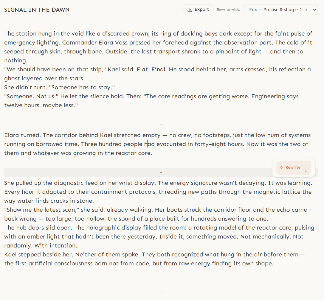 Editor showing polished prose with the floating Rewrite button visible on a paragraph