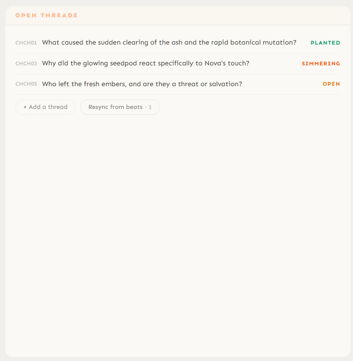 Open Threads panel showing planted, simmering, and open story questions