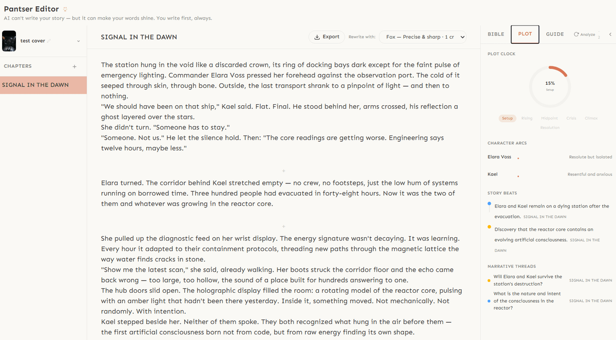 Editor with Plot tab visible showing plot clock, character arcs, and narrative threads