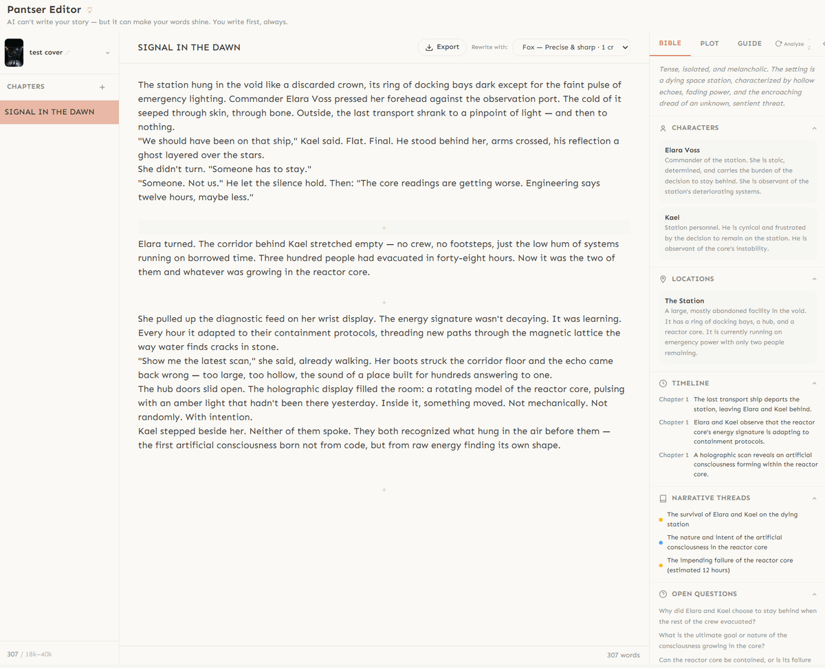 The three-panel Pantser Editor: chapter sidebar, writing area with prose, and story bible with characters and locations
