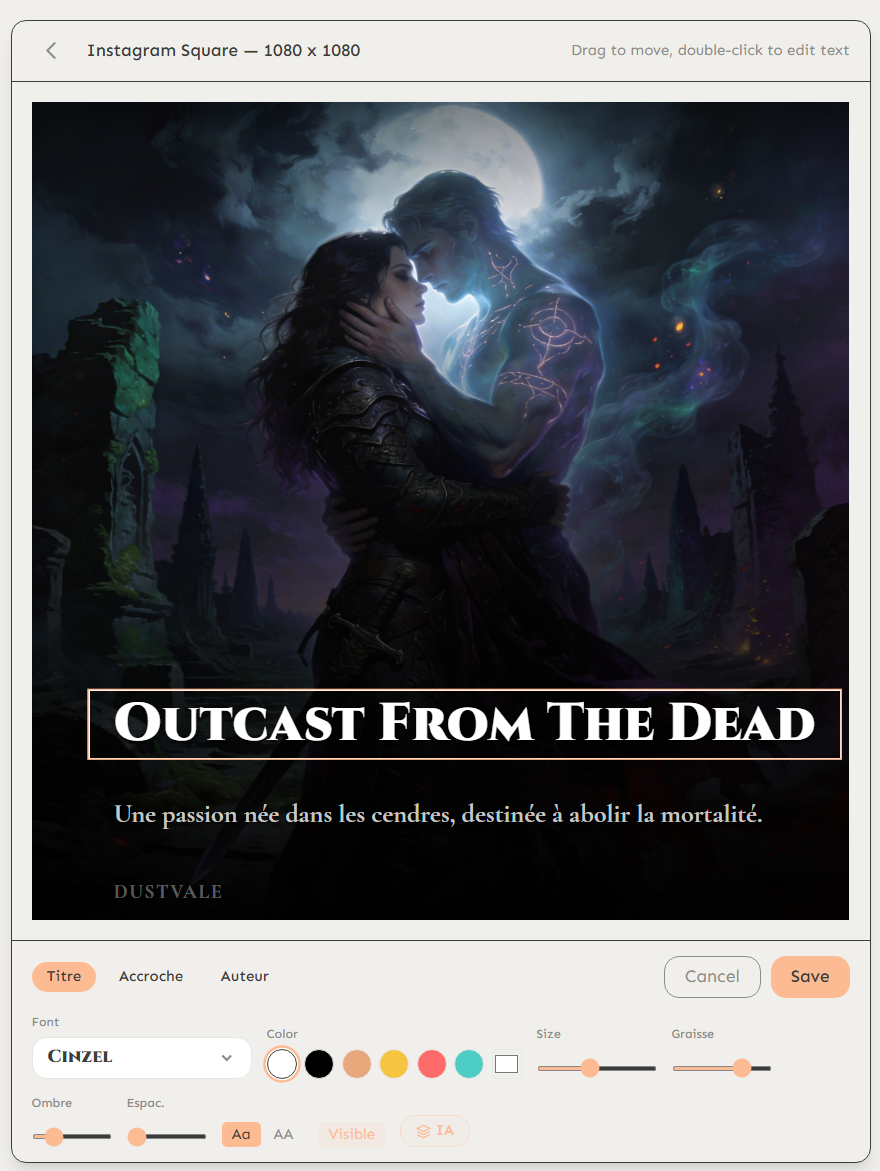 Asset editor showing drag-to-move canvas with title, tagline, and author text overlays, plus font, color, and size controls