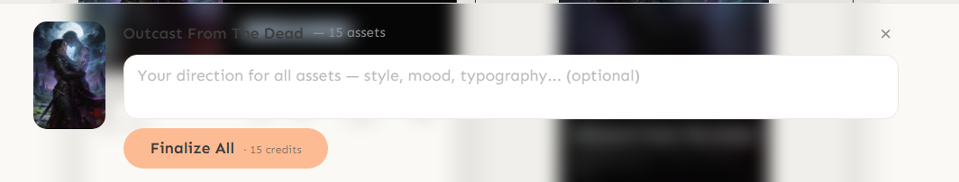 Finalize modal with style direction input and Finalize All button (15 credits)